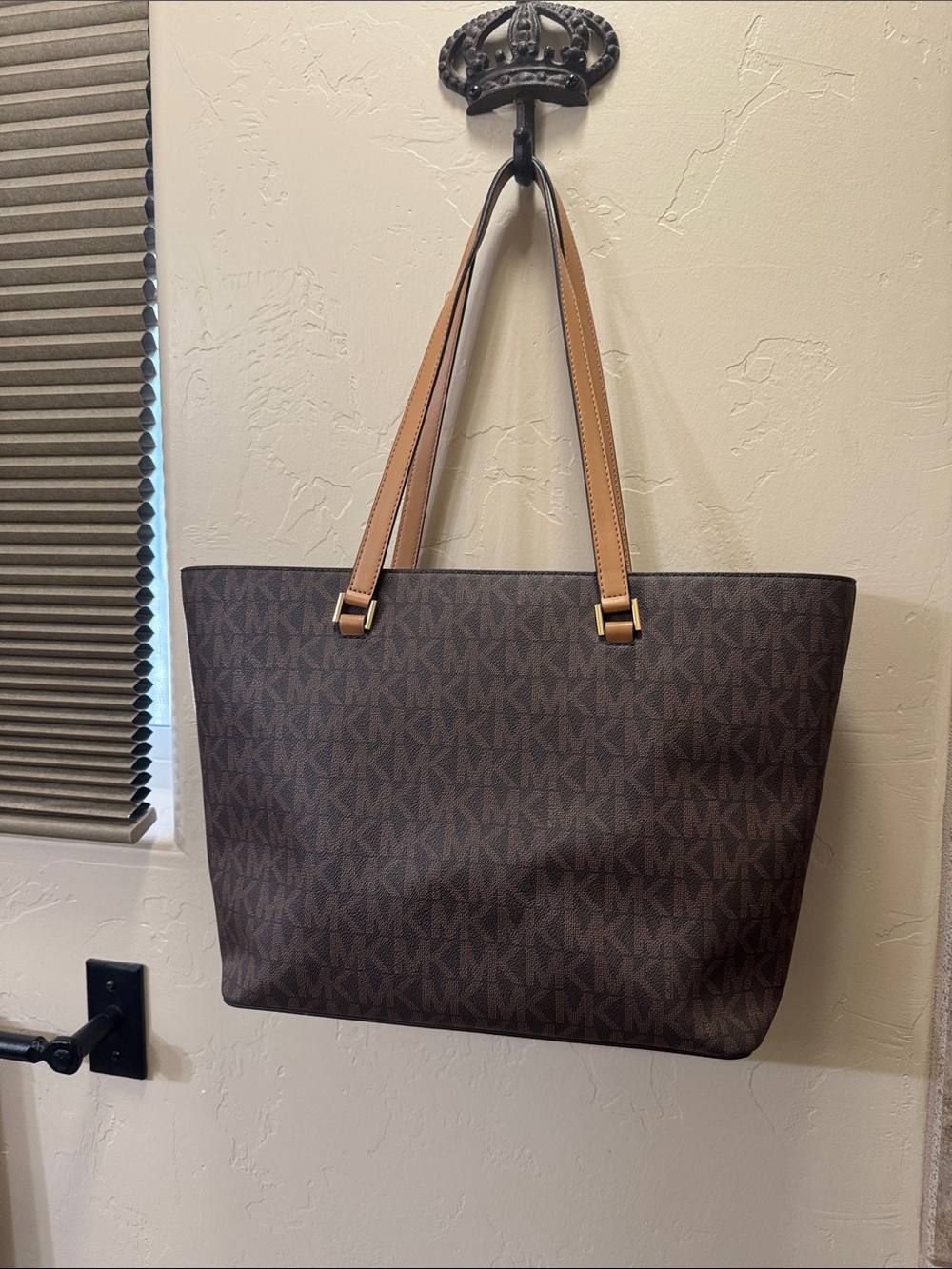Michael Kors Brown MK Logo Tote with Tan Straps - Picture 5 of 5